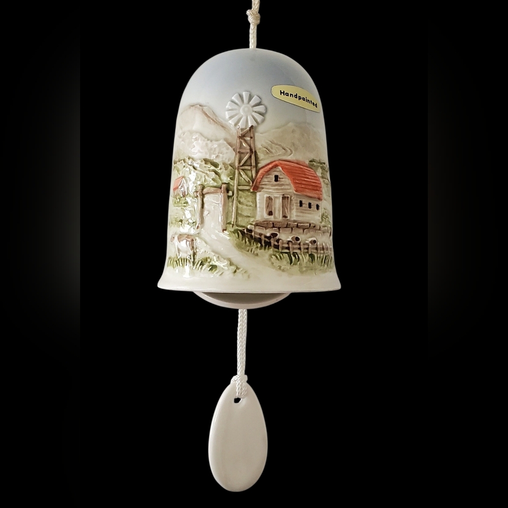Hand-Painted Otagiri Porcelain Bell Featuring A Farmhouse Scene Signed Lucie